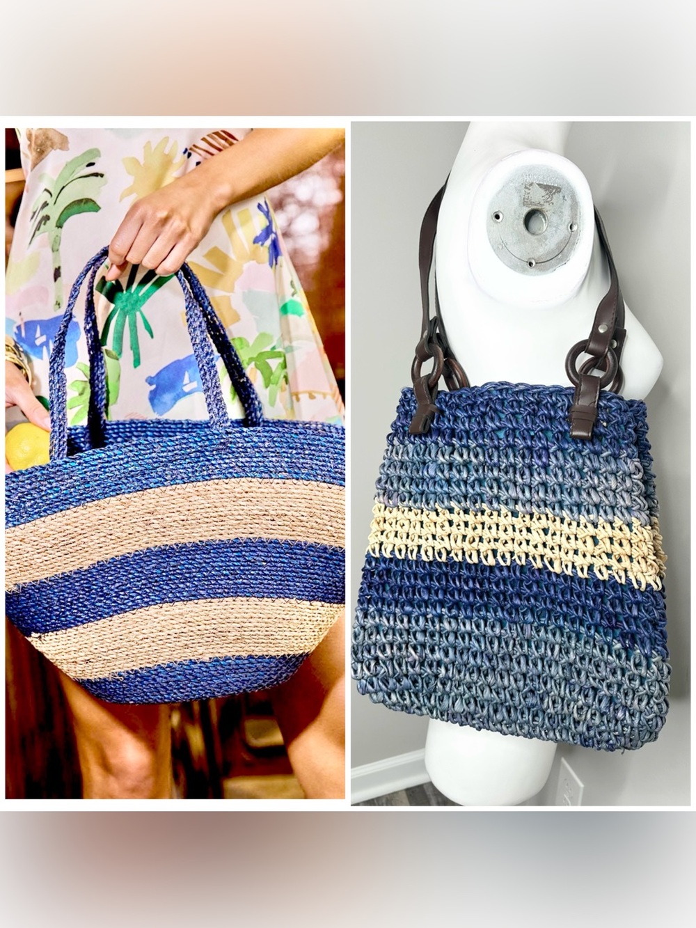 Blue and beige Natural Straw Tote Bag with faux Leather Handles
